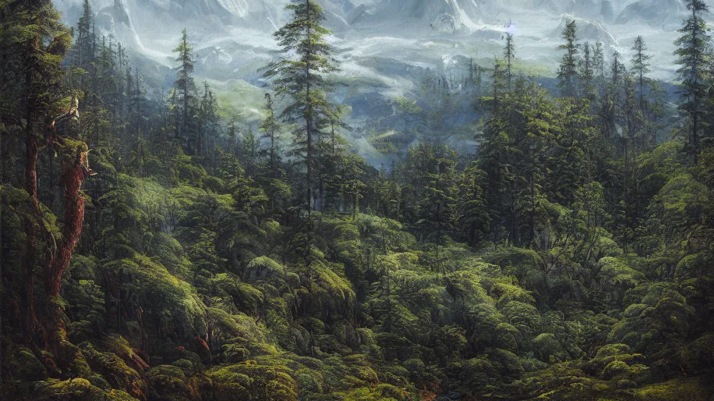 Prompt: beautiful wide shot of a swedish forest from a mountain, oil painting by alan lee, highly detailed, Sigma 85mm f/1.4, trending on Artstation, visually stunning, award winning, fantasy landscape art