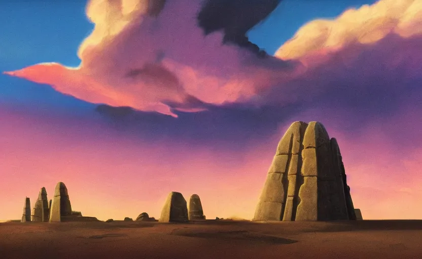 Prompt: an ancient symmetrical stone temple rising up out of the dunes of an alien planet in front of a beautiful sky with dramatic rolling clouds at golden hour, 70s scifi painting