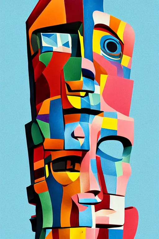 Image similar to cubist moai statue cutout digital illustration cartoon colorful beeple