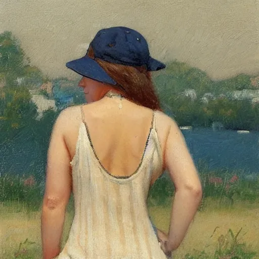 Image similar to woman with baseball cap, back view, summer dress, by paul chabas