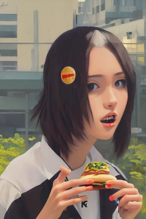 Image similar to A ultradetailed beautiful panting of a stylish girl wearing streetwear eating a burger, Oil painting, by Ilya Kuvshinov, Greg Rutkowski and Makoto Shinkai