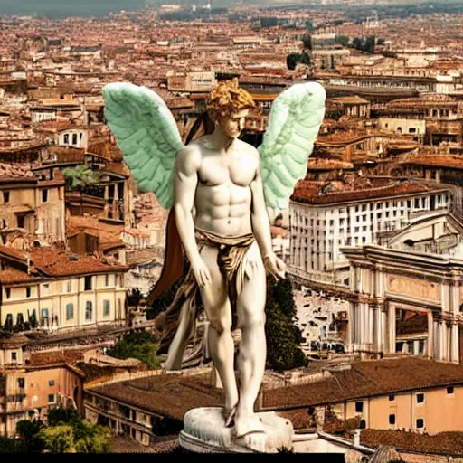 Prompt: An Angel from a Michelangelo painting flies over the cityscape of Rome. He looks like a young Brad Pitt and extends his wings over the landscape. Filmed in the style of Wim Wenders. Cinematic, 50mm, highly intricate in technicolor