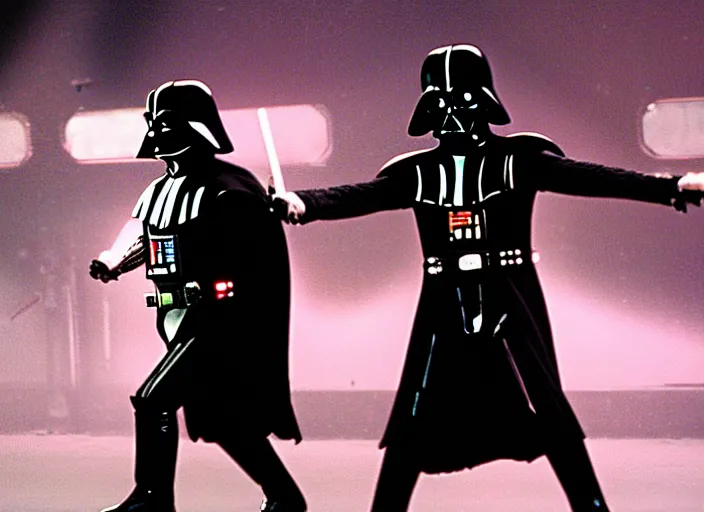 Image similar to film still of Darth Vader as Michael Jackson moonwalking on stage in concert