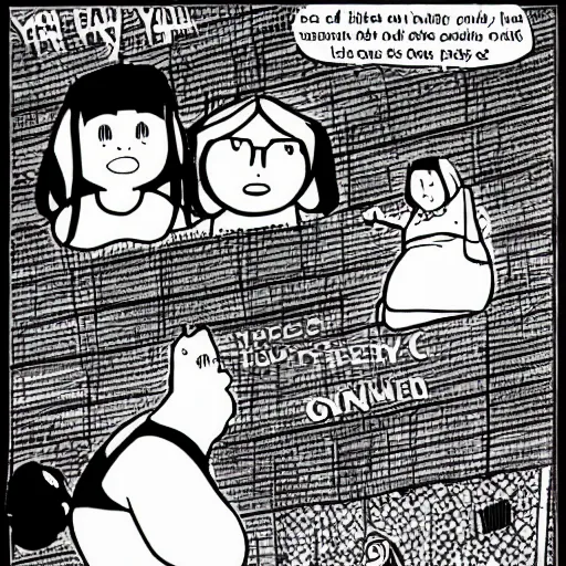 Image similar to your mama is so fat she has her own gravity, comic strip style, pen and ink, anime, ghibli style