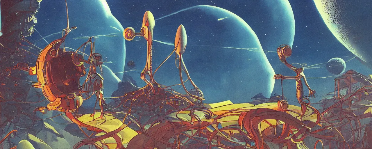 Prompt: a man on field spaceship station landing laying outer worlds in FANTASTIC PLANET La planète sauvage animation by René Laloux