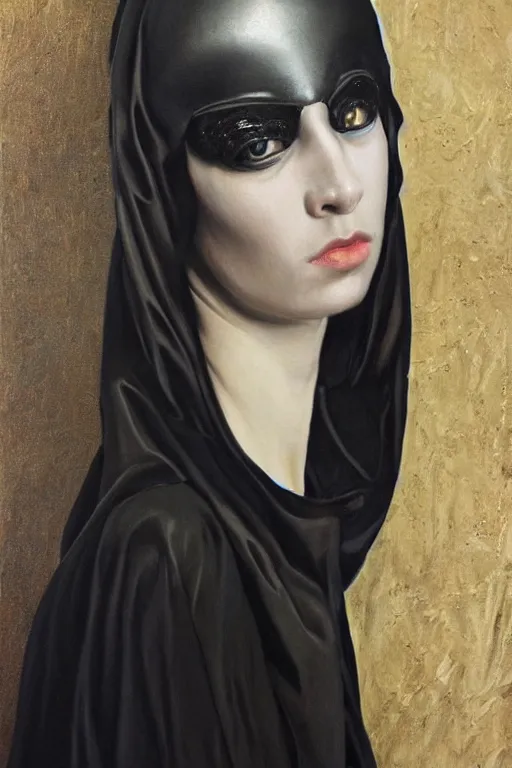 Image similar to hyperrealism oil painting, close - up portrait of albino medieval fashion model, black silk, steel gradient mixed with nebula sky, in style of baroque