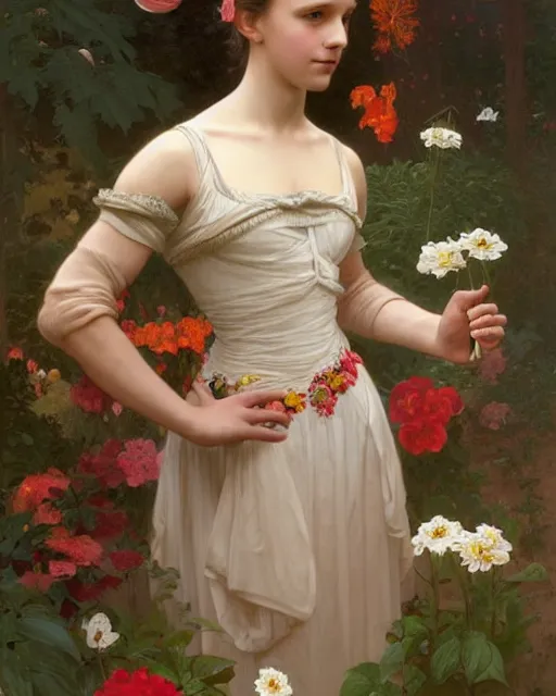 Image similar to a portrait painting of a shy, blushing 1 6 - year old alicia vikander or millie bobby brown as a ballerina in her flower garden with lanterns, intricate, elegant, highly detailed, artstation, concept art, by krenz cushart and donato giancola and william adolph bouguereau and alphonse mucha