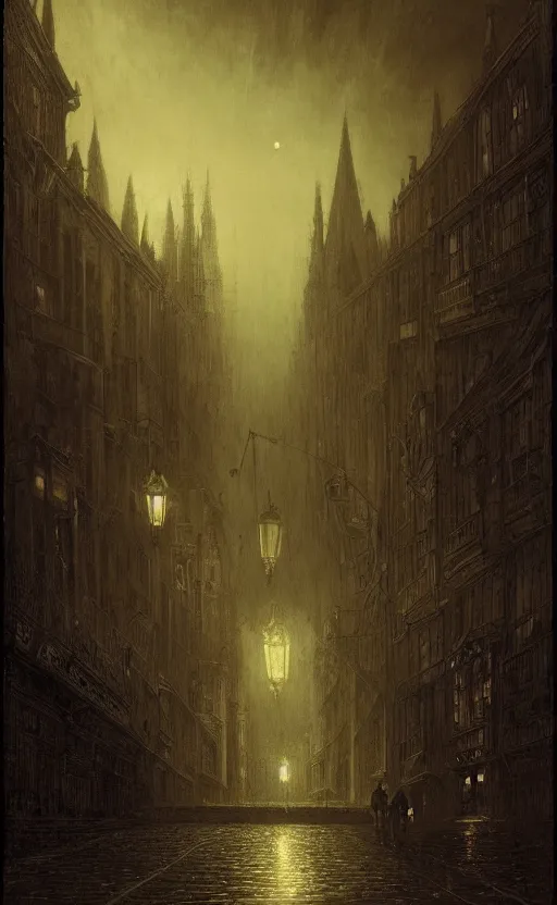 Prompt: A vampire lurks in the shadows of Victorian city in the night, illuminated by gas lamps, hyperdetailed, artstation trending, world renowned artists, worth1000.com, historic artworks society, antique renewel, cgsociety, by greg rutkowski, by Gustave Dore, Deviantart