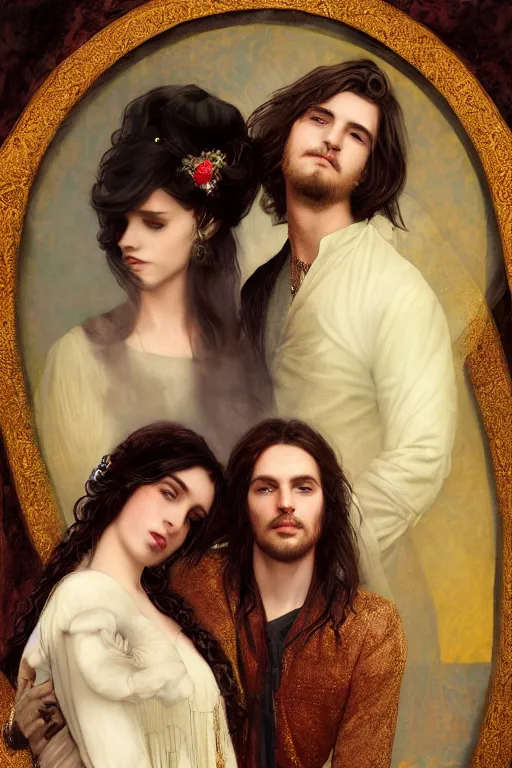 Image similar to a portrait of handsome young male rock star with long hair and his elegant beautiful bohemian wife, bored, illustration, dramatic lighting, soft details, painting oil on canvas, art nouveau, octane render, HDR, 4k, 8k, HD, by Edmund Blair Leighton, Brom, Charlie Bowater, trending on artstation, faces by Tom Bagshaw, Sargent