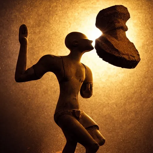 Image similar to studio photography of an ancient idol statue getting smashed into pieces, dramatic lighting