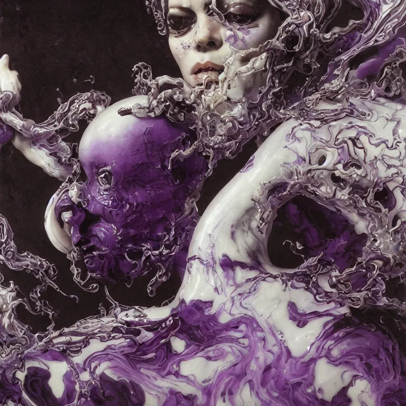 Prompt: a dark baroque close - up portrait of a vivid purple and white porcelain being made out of white liquid sci - fi vitrified translucent ceramic marble ; china. reflective detailed textures. gloomy black background. highly detailed fantasy science fiction painting by moebius, norman rockwell, frank frazetta, and syd mead. rich colors, high contrast. artstation