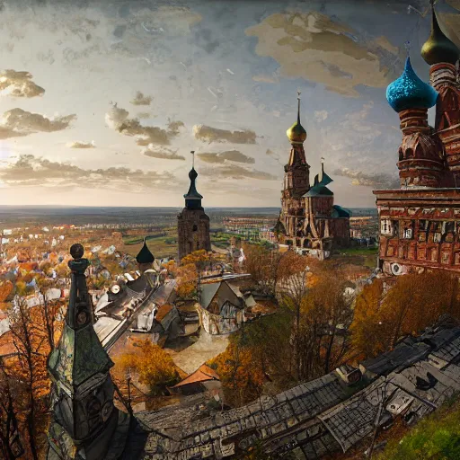 Image similar to photo beautiful ancient Slavic Russian city of Kitezh, fisheye lens, painting by Viktor Vasnetsov, concept art, magical city, fantasy cityscape, ancient Slavs, wooden buildings, ancient Russian architecture, terem, hyperborea, top cinematic lighting , cinematic mood, very detailed, 8k, high resolution, trending on artstation, artstationHD,