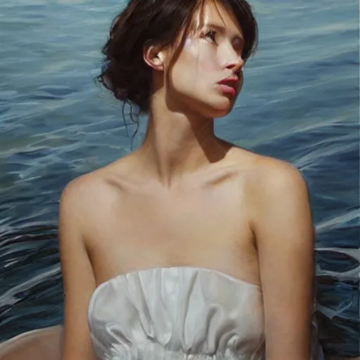 Prompt: dark haired lady with white dress floating in water, detailed oil painting, high quality, natural lighting by eva marini and arthur braginsky