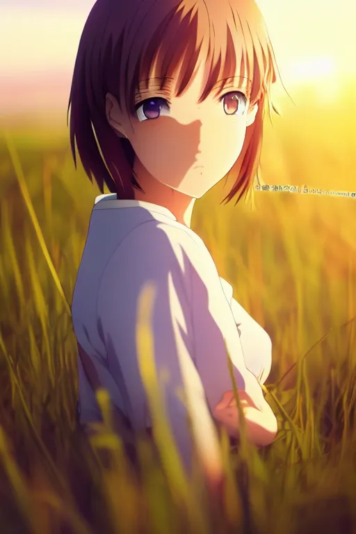 Prompt: anime art, anime key visual of elegant young female, close up at face, short blonde hair and large eyes, finely detailed perfect face, standing in the grass at sunset, golden hour sunset lighting, background blur bokeh!!, trending on pixiv fanbox, studio ghibli, extremely high quality artwork, 4 k