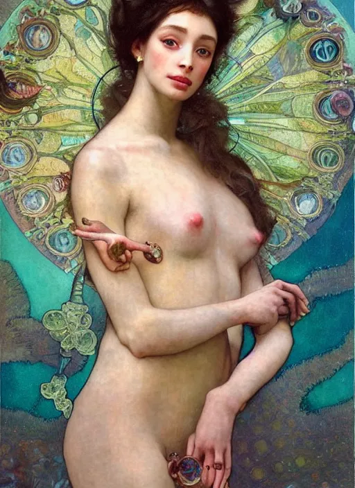 Prompt: a realistic oil painting of a beautiful young woman resembling winnie harlow, crystal encrustations, underwater, fantasy art, by mucha, by bouguereau, intricate, colorful