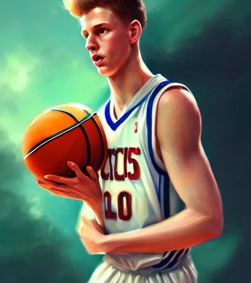 Prompt: portrait of a white boy playing basketball wearing a basketball uniform, intricate, elegant, highly detailed, centered, digital painting, artstation, concept art, smooth, sharp focus, illustration, by Peter Mohrbacher, WLOP