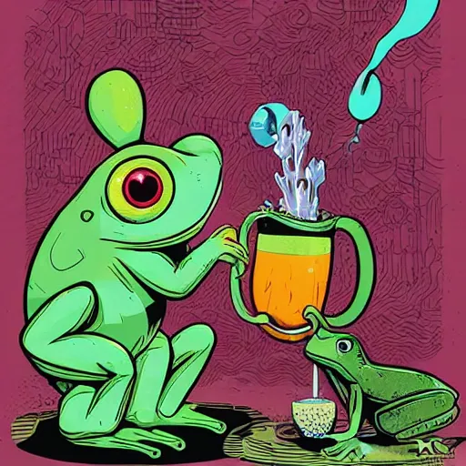 Prompt: frog drinking with crazy bunny with steam coming out from ears, by josan gonzales and Dan Mumford