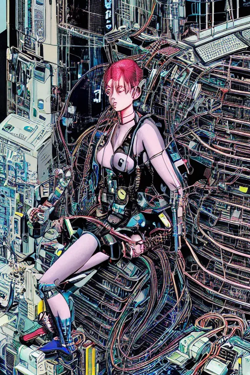 Image similar to an hyper-detailed cyberpunk illustration of a female android seated on the floor in a tech labor, seen from the side with her body open showing cables and wires coming out, by masamune shirow, and katsuhiro otomo, japan, 1980s, centered, colorful