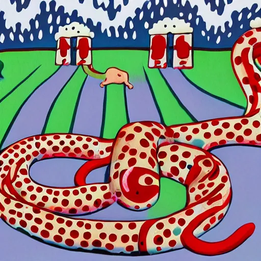 Prompt: A very long dog like a snake chasing its own tail while spinning, suburbian house at the background. in the art style of Yayoi Kusama