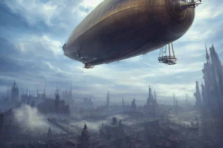 Image similar to An airship flying through the clouds towards a steampunk city, epic fantasy style, highly detailed, photorealistic, reflections, smooth, sharp focus, concept art, illustration, beautiful, geometric, trending on artstation, cinematic, featured on behance , artwork by WLOP and Tran, Ross