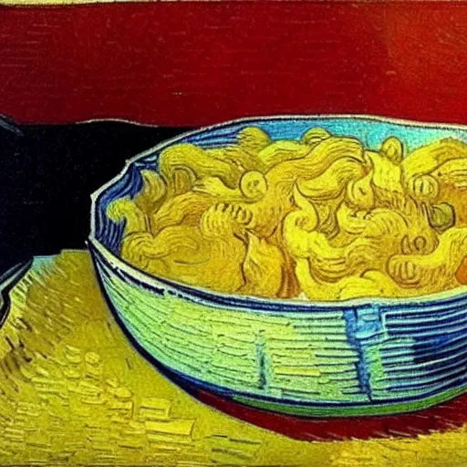 Prompt: van gogh painting of a bowl of macaroni, masterpiece, epic, stunning,