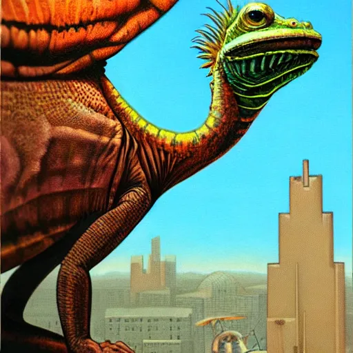 Prompt: giant chameleon looming over a steampunk city by boris vallejo