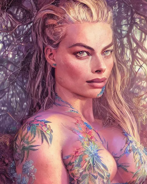 Prompt: tattooed margot robbie portrait posing in a magical crochet bikini in a magical forest, realistic face, full body, fantasy art, in the style of greg rutkowski, illustration, epic, fantasy, intricate, hyper detailed, artstation, concept art, smooth, sharp focus, ray tracing, vibrant