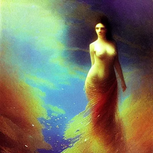 Image similar to woman underwater photography with a long flowing dress, flowing hair, burnt skin, and different colored multi-colored eyes by Ivan Aivazovsky and Odilon Redon, award winning, epic, cosmic, dreamy, underwater