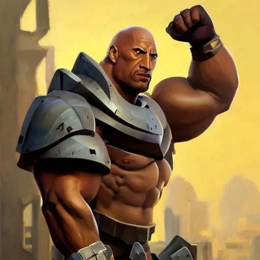 Image similar to greg manchess portrait painting of fierce partially armored foundation aka dwayne the rock johnson from fortnite as overwatch character, medium shot, asymmetrical, profile picture, organic painting, sunny day, matte painting, bold shapes, hard edges, street art, trending on artstation, by huang guangjian, gil elvgren, ruan jia, greg rutkowski, gaston bussiere