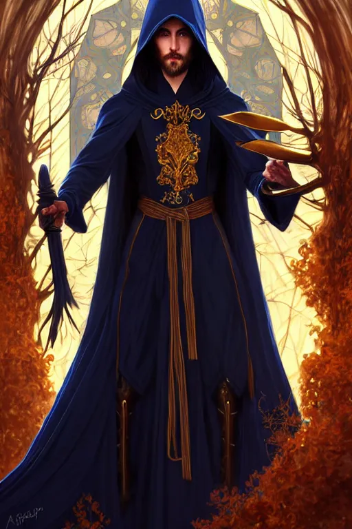 Prompt: handsome male mage fighting, long black hair blue eyes wearing cloth mantle gothic navy cloak with gold details, tree town, fantasy character portrait, ultrarealistic, intricate details, elegant, cinematic lighting, highly detailed, artstation, cgsociety, sharp focus, beautiful digital painting by artgerm, wlop, alphonse mucha