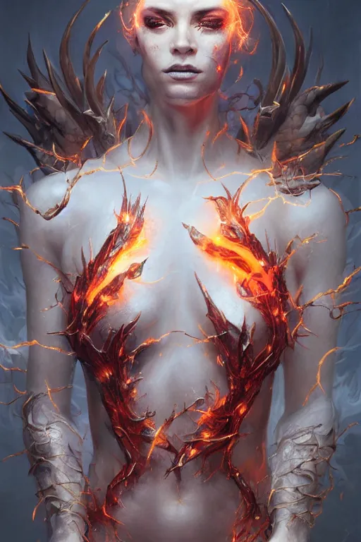 Image similar to torso closeup model wearing exploding fire electricity and blood, sorcerer, diamonds, angel, fantasy, dramatic lighting, highly detailed, digital painting, holding electricity, magic the gathering, hyper detailed, 3 d render, hyper realistic detailed portrait, peter mohrbacher, wlop, ruan jia