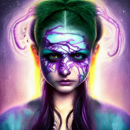 Image similar to detailed photo portrait of a furious teen girl with thin, hair-like purple tentacles on her head and bright purple eyes, 8k,by tristan eaton, Stanley Artgermm,Tom Bagshaw,Greg Rutkowski,Carne Griffiths,trending on DeviantArt, face enhance,hyper detailed ,full of colour, dramatic lightning