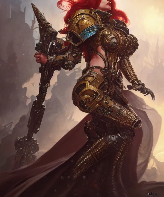 Image similar to Angela Rayner as a Warhammer 40k Battle Sister, portrait, fantasy, intricate, elegant, highly detailed, digital painting, artstation, concept art, smooth, sharp focus, illustration, art by artgerm and greg rutkowski and alphonse mucha