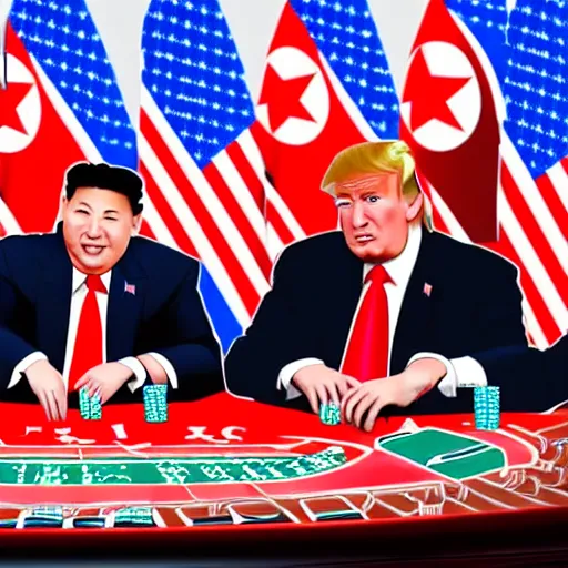 Prompt: putin trump xi kim jong un playing poker at a round table award winning photo realistic