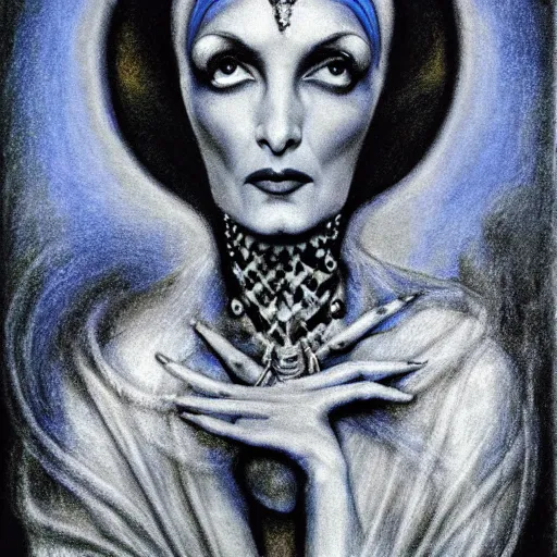 Prompt: Norma Desmond, pencil drawing. El Greco, Remedios Varo, Salvador Dali, Carl Gustav Carus, John Atkinson Grimshaw. Blue tint. Symetrical, logo, geometric shapes.