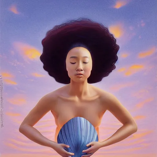 Image similar to lifelike by liu ye, by kadir nelson. the drawing of the moment when the goddess venus is born from the sea. she is shown standing on a giant clam shell, with her long, flowing hair blowing in the wind. the drawing is full of light & color, & venus looks like she is about to step into a beautiful, bright future.