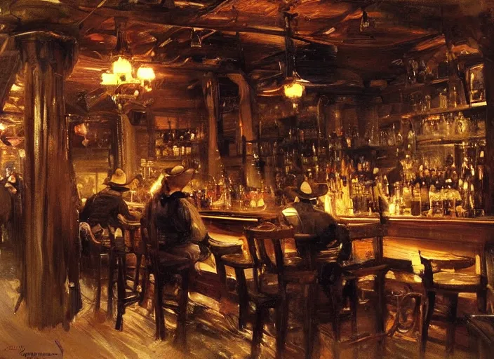 Image similar to oil painting of western saloon bar, wild west, dimly light, dust, art by anders zorn, wonderful masterpiece by greg rutkowski, beautiful cinematic light, american romanticism by greg manchess, creation by tyler edlin