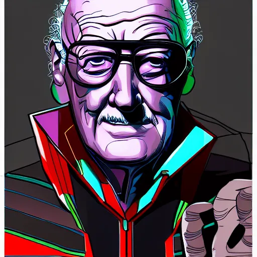 Image similar to cyberpunk stan lee as the leader of a futuristic communist nation, cybernetics, sharp lines, digital, artstation, colored in