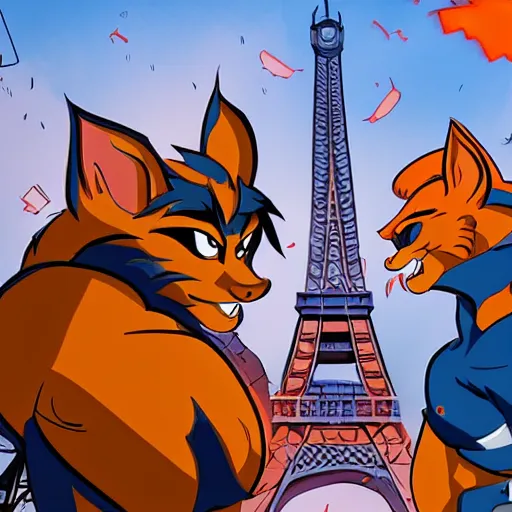 Image similar to swat kats in paris, extremely detailed, cinematic shot, close angle, eiffel tower in the background