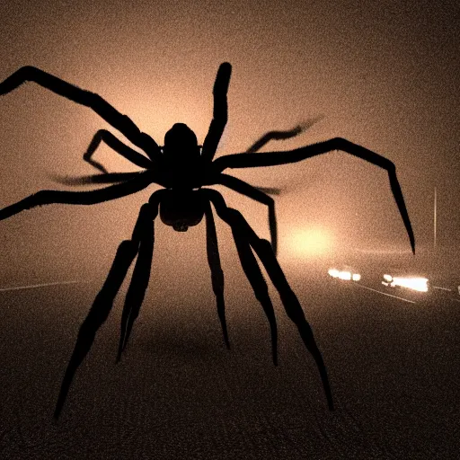 Image similar to giant spider invading new york, night, fog, 8 mm, 3 d render, octane render, cinema 4 d