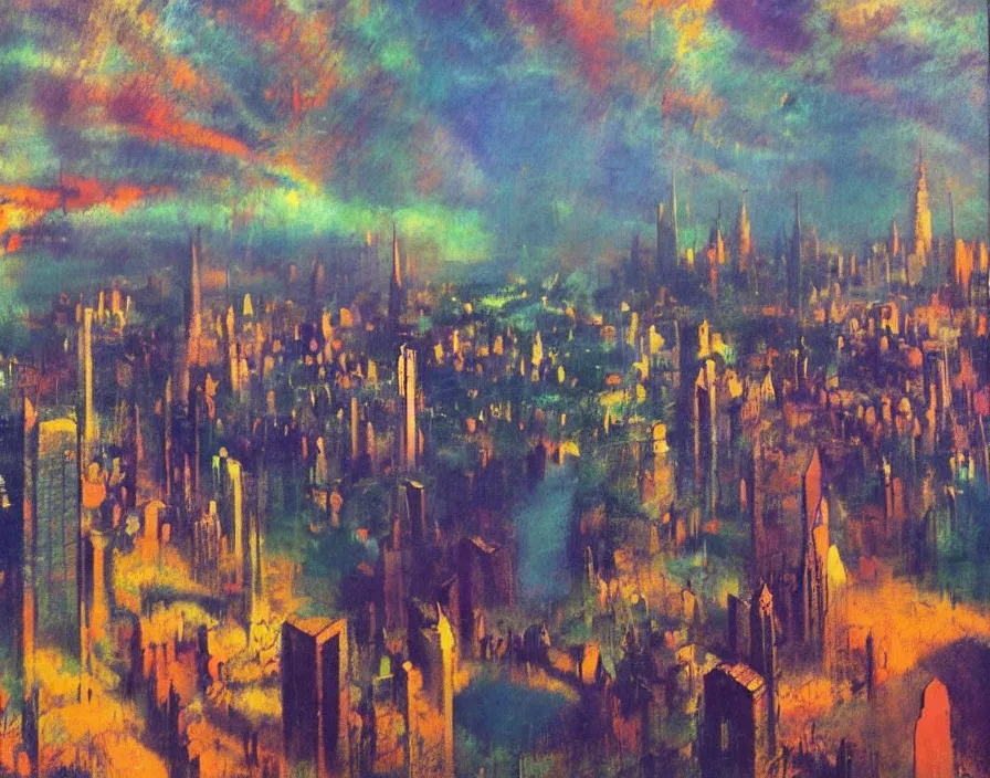 Image similar to Incredible futuristic city ultradetailed wonderful landscape by degas, Louvres gallery. Amazing colour scheme. Incredibly colourful. Rainbow. Stars falling. Incondescent sunshine