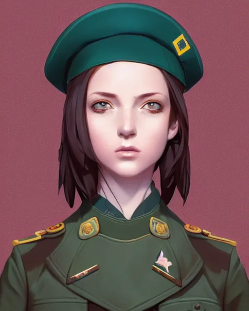 Image similar to symmetrical portrait bust of young woman with shoulder length light brown hair and hazel eyes dressed in a sharp dark teal military uniform and beret, anime, ilya kuvshinov, greg rutkowski, guweiz, ross tran, loish, svetlana tigai, artgerm, artstation trending, concept art, digital painting