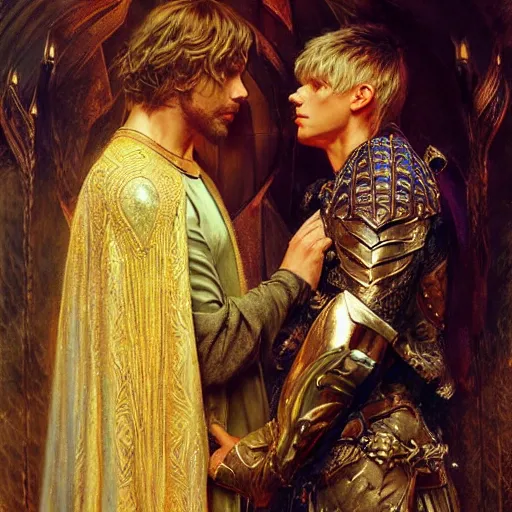 Image similar to stunning arthur pendragon in love with stunning male merlin the mage. they are close to each other. highly detailed painting by gaston bussiere, craig mullins, j. c. leyendecker