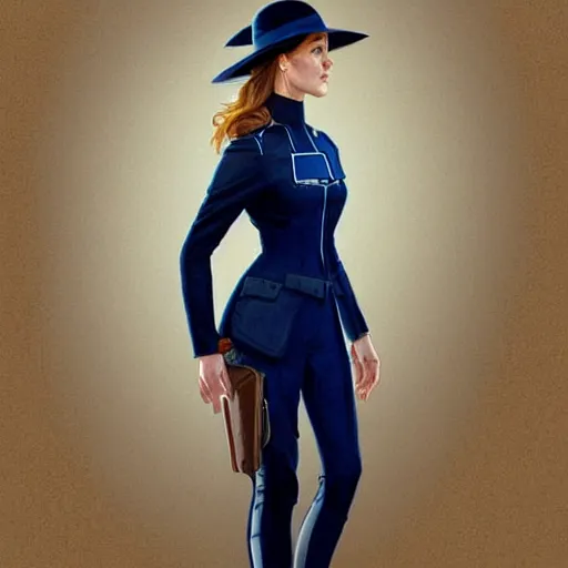 Image similar to full figure ultra realistic illustration, evan rachel wood wearing a futuristic navy blue pantsuit, brown straight hair, old west, intricate, elegant, highly detailed, digital painting, artstation, concept art, smooth, sharp focus, illustration, art by artgerm and greg rutkowski and alphonse mucha