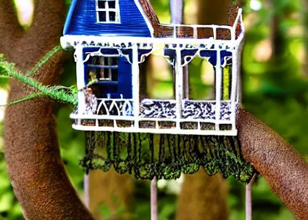 Image similar to Steampunk victorian house, tri-color miniature Australian shepherd dog, blue flower field, over grown oak tree, spanish moss, rusted porch swing, micro details, super realistic,