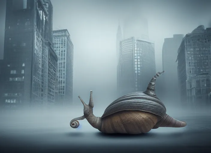 Prompt: photo of a giant snail terrorizes a foggy city. fantasy horror style. highly detailed 8 k. intricate. nikon d 8 5 0 3 0 0 mm. award winning photography.