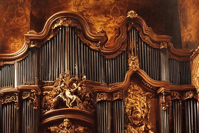 Image similar to pipe organ carved from dark smoke, high detail baroque oil painting