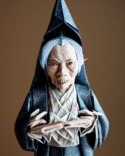 Prompt: an origami wrinkled old witch by akira yoshizawa, realistic, very detailed, complex, intricate, studio lighting, bokeh, sigma 5 0 mm f 1. 4