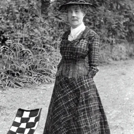 Prompt: An Edwardian woman posing with a chessboard in the style of Tove Jansson