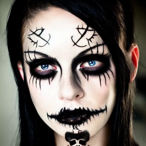 Image similar to A portrait of the character, Death, a young Goth girl with an elaborate facial tattoo